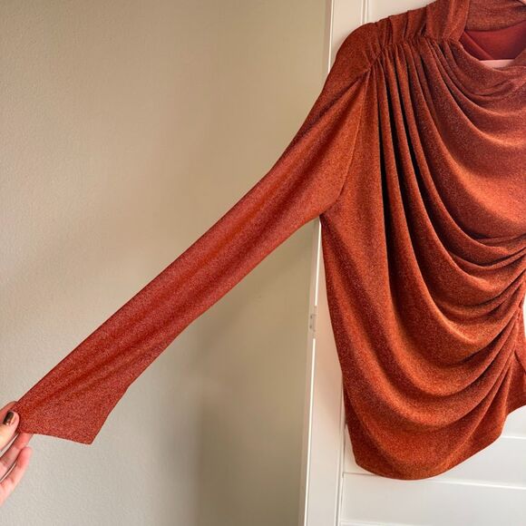 ChicWish Lurex Draped Asymmetrical Long Sleeve Top in Metallic Orange size Large - Picture 7 of 10